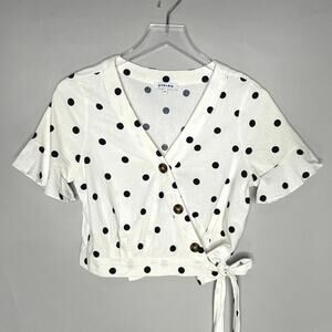 Stelen S Cream Black True Wrap Polka Dot Top 100% Cotton Ruffle Sleeve Preppy